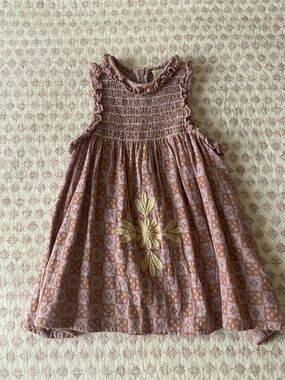 Apolina Kids Mauve Floral Smocked Sundress with Tan Embroidery